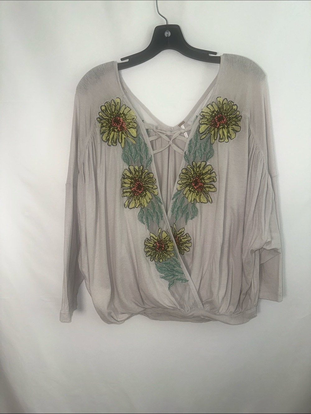 Free People Light Gray Floral Embroidered V-Neck Blouse